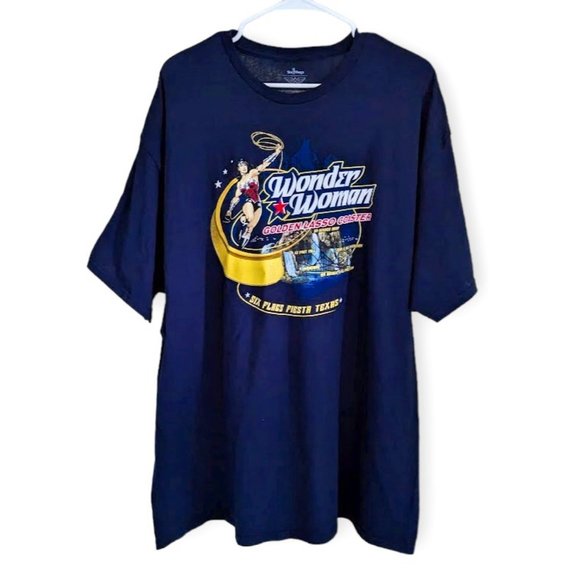 Six Flags Fiesta Texas Wonder Woman Golden Lasso Coaster Navy T Shirt 2XL NWT - Picture 1 of 5